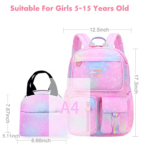 School Backpacks for Teen Girls Laptop Backpack with Lunch Bag，Cute waterproof Travel Bookbags Pink