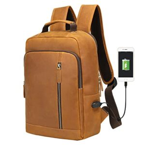 UBANT Full Grain Leather Backpack for Men, 15.6 inch Laptop Backpack with USB Charging Port, Vintage Leather School College Bookbag Computer Bag Business Travel Office Work Bag