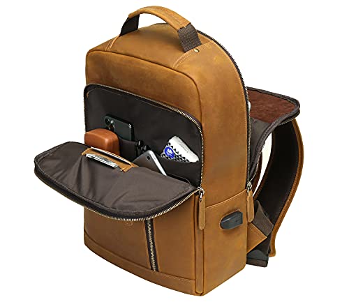 UBANT Full Grain Leather Backpack for Men, 15.6 inch Laptop Backpack with USB Charging Port, Vintage Leather School College Bookbag Computer Bag Business Travel Office Work Bag