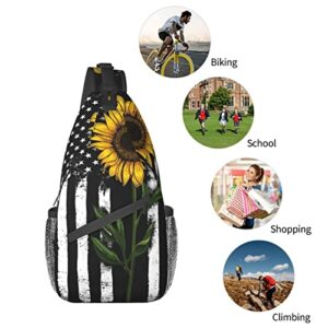 Sunflower And American Flag Crossbody Sling Backpack Shoulder Chest Urben Sling Bag Travel Hiking Chest Bag Daypack For Women & Men