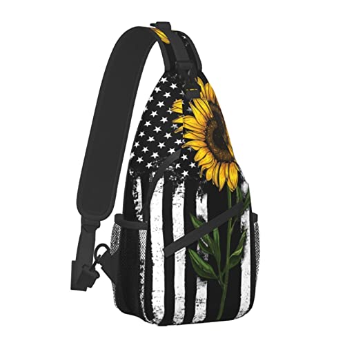 Sunflower And American Flag Crossbody Sling Backpack Shoulder Chest Urben Sling Bag Travel Hiking Chest Bag Daypack For Women & Men