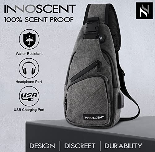 INNOSCENT Smell Proof Sling Bag Backpack - COMBINATION LOCK - Shoulder Crossbody Bag With USB/Headphone Charging Port Black (Light Grey)