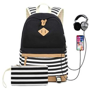 Sqodok Backpack for Teen Boy Girls, Cute Casual Backpack with USB Charging Port, Lightweight Bookbag 15.6'' Laptop Backpack for Middle School High School, Travel Back Pack with Pencil Case, Black