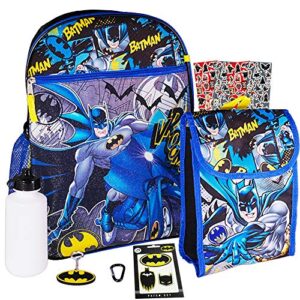 batman backpack and lunch box set for kids boys ~ 7 pc deluxe 16″ batman school bag, lunch bag, patches, stickers, and more (batman school supplies bundle)