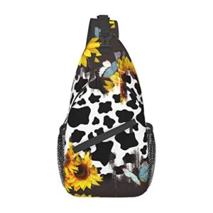 sunflower cow print sling bag crossbody backpack,cute cow fur texture with vintage sunflower and blue butterfly chest bag casual shoulder backpack animal cowhide travel hiking daypack for men women