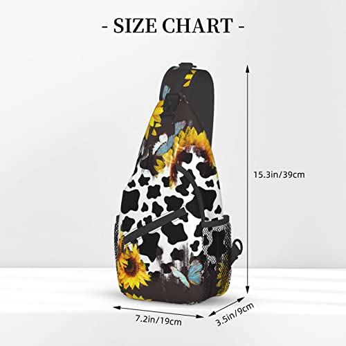 Sunflower Cow Print Sling Bag Crossbody Backpack,Cute Cow Fur Texture with Vintage Sunflower and Blue Butterfly Chest Bag Casual Shoulder Backpack Animal Cowhide Travel Hiking Daypack For Men Women