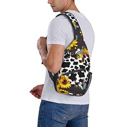 Sunflower Cow Print Sling Bag Crossbody Backpack,Cute Cow Fur Texture with Vintage Sunflower and Blue Butterfly Chest Bag Casual Shoulder Backpack Animal Cowhide Travel Hiking Daypack For Men Women