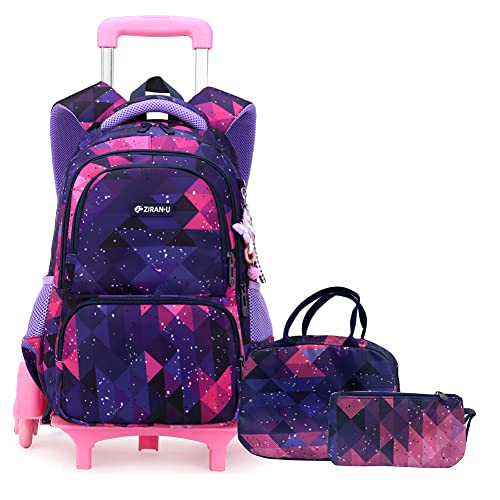 Diamond,Geometric 3Pcs Kids Rolling Backpack Set Wheeled Elementary School Bag Trolley Bookbag for Boys