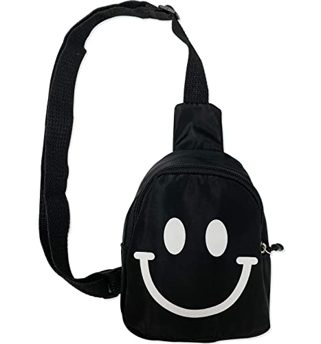 HOLAWIT Happy Face Fun Design Phone Holder Cute Sling Bag Positive Smile Crossbody Backpack for Kids Hiking Daypack Multipurpose Cross Body Chest Bag - Black