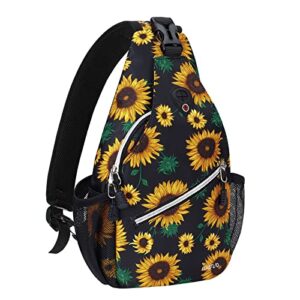 mosiso mini sling backpack, small travel hiking daypack sunflower rope crossbody shoulder bag, black