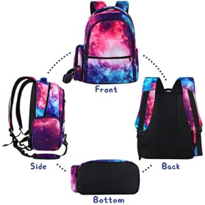 E-Clover Backpack for School Girls Kids Galaxy Backpacks Elementary School Bags Water Resistant Bookba with Removable Shoulder Bag Rucksack Purple Pink Birthday Gifts