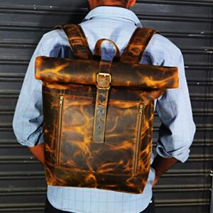 Satchel And Fable Men Leather Vintage Roll on Laptop Backpack Rucksack Bag Brown