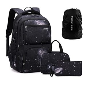 Voici et Voila Kids Galaxy Backpack, 3Pcs Bakcpack for Boys 12-14 Kids School Bags Middle School Elementary Book Bag Outer Space School Bag Large Capacity