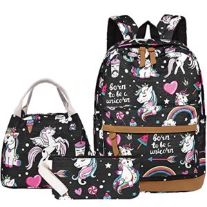 duaglagt girls backpack for kids schoolbags – cute unicorn backpack for women lightweight daypack teens girls bookbag set with lunch box & pencil case (black)