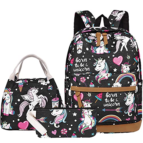 DUAGLAGT Girls Backpack for Kids Schoolbags - Cute Unicorn Backpack for Women Lightweight Daypack Teens Girls Bookbag Set with Lunch Box & Pencil Case (Black)