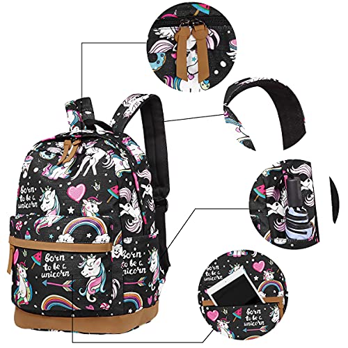 DUAGLAGT Girls Backpack for Kids Schoolbags - Cute Unicorn Backpack for Women Lightweight Daypack Teens Girls Bookbag Set with Lunch Box & Pencil Case (Black)