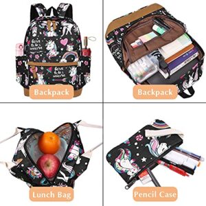 DUAGLAGT Girls Backpack for Kids Schoolbags - Cute Unicorn Backpack for Women Lightweight Daypack Teens Girls Bookbag Set with Lunch Box & Pencil Case (Black)
