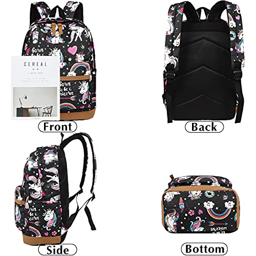 DUAGLAGT Girls Backpack for Kids Schoolbags - Cute Unicorn Backpack for Women Lightweight Daypack Teens Girls Bookbag Set with Lunch Box & Pencil Case (Black)