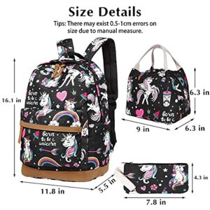 DUAGLAGT Girls Backpack for Kids Schoolbags - Cute Unicorn Backpack for Women Lightweight Daypack Teens Girls Bookbag Set with Lunch Box & Pencil Case (Black)