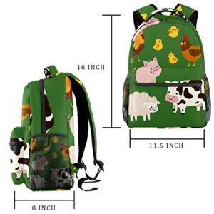 Kids School Backpacks Farm Animal Green 16 IN Student Bookbag Small Daypack for Preschool,Kindergarten,Elementary School