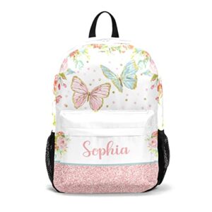 personalized school backpack,floral butterfly pink glitter custom casual 17 inch durable bag for girls boys
