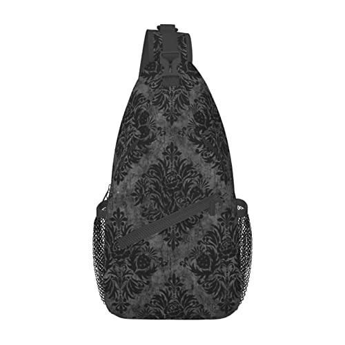 Hellokugou Sling Backpack Gothic Black Damask Multipurpose Crossbody Shoulder Chest Bag Travel Hiking Daypack