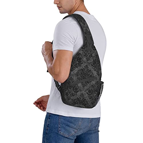 Hellokugou Sling Backpack Gothic Black Damask Multipurpose Crossbody Shoulder Chest Bag Travel Hiking Daypack