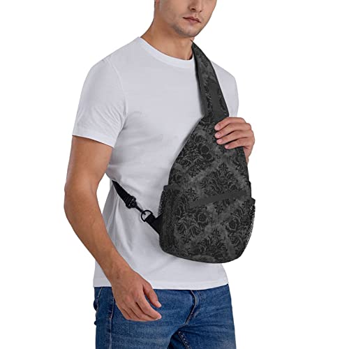 Hellokugou Sling Backpack Gothic Black Damask Multipurpose Crossbody Shoulder Chest Bag Travel Hiking Daypack