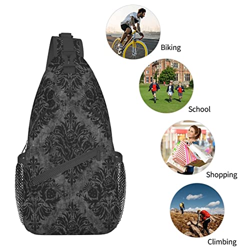 Hellokugou Sling Backpack Gothic Black Damask Multipurpose Crossbody Shoulder Chest Bag Travel Hiking Daypack