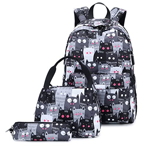 Cat-Print 3Pcs Elementary Bookbag Daypack Primary Middle School Bag Backpack Set for Teens