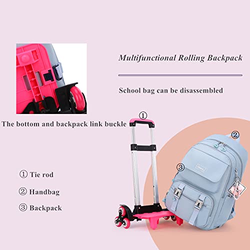 Rolling Backpack for Girls Solid Color Kids Trolley Bookbags with Wheels Elementary School Students Schoolbag