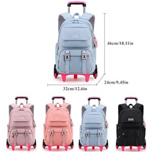 Rolling Backpack for Girls Solid Color Kids Trolley Bookbags with Wheels Elementary School Students Schoolbag