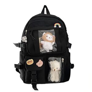 bersauji kawaii backpack with badge pins cute animal keychain aesthetic backpack for girls large capacity storage school backpack