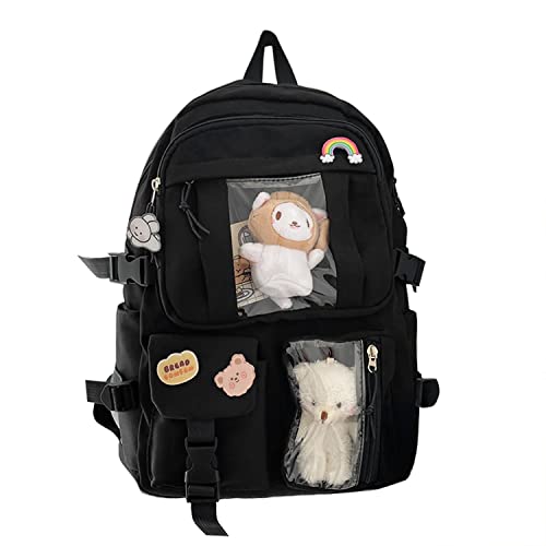 Bersauji Kawaii Backpack with Badge Pins Cute Animal Keychain Aesthetic Backpack for Girls Large Capacity Storage School Backpack