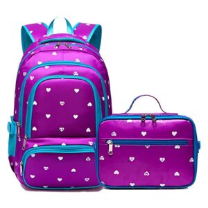 bluefairy backpack set with lunch bag for girls bookbag kids elementary school bags for child teens lightweight waterproof nylon sturdy gifts large pocket (purple & blue)