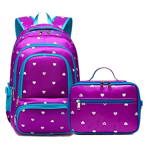 BLUEFAIRY Backpack Set with Lunch Bag for Girls Bookbag Kids Elementary School Bags for Child Teens Lightweight Waterproof Nylon Sturdy Gifts Large Pocket (Purple & Blue)