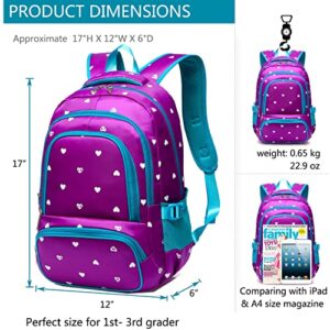 BLUEFAIRY Backpack Set with Lunch Bag for Girls Bookbag Kids Elementary School Bags for Child Teens Lightweight Waterproof Nylon Sturdy Gifts Large Pocket (Purple & Blue)