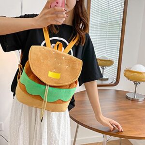 Mewcho 12.2” Burger Plush Backpack Drawstring Funny Y2k Cute Hamburger Purse Kawaii Small Bag School Backpack for Women Adults Girls Boys Kids Toddler