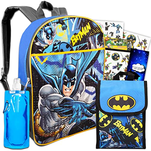 Fast Forward Batman Backpack with Lunch Box Set - Bundle with 16'' Batman Backpack, Batman Lunch Box, Water Bottle, Stickers, More Batman Backpack for Boys 4-6