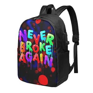 Never-Broke-Again Women Men USB Backpack 17 in Shoulders Laptop Bags Students Knapsack Schoolbag Travel Women Men