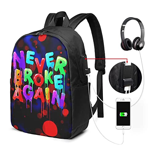 Never-Broke-Again Women Men USB Backpack 17 in Shoulders Laptop Bags Students Knapsack Schoolbag Travel Women Men