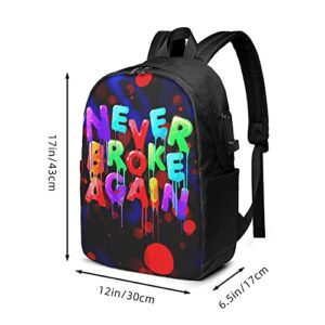 Never-Broke-Again Women Men USB Backpack 17 in Shoulders Laptop Bags Students Knapsack Schoolbag Travel Women Men