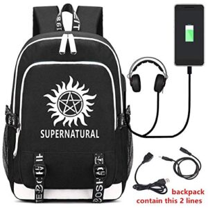 Caiyan Hot Fashion Unisex Supernatural SPN Backpack USB Charging Headphones Bag Laptop Bag School Backpack