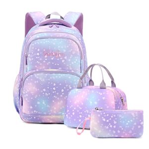 dnshan new 3pcs girls backpacks elementary,primary school kids girls backpack with lunch box pencil box, 3 in 1 lightweight shoulder bag,purple