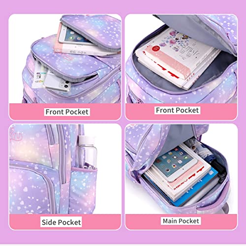 DNSHAN New 3PCS Girls Backpacks Elementary,Primary School Kids Girls Backpack with Lunch Box Pencil Box, 3 in 1 Lightweight Shoulder Bag,Purple