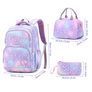 DNSHAN New 3PCS Girls Backpacks Elementary,Primary School Kids Girls Backpack with Lunch Box Pencil Box, 3 in 1 Lightweight Shoulder Bag,Purple