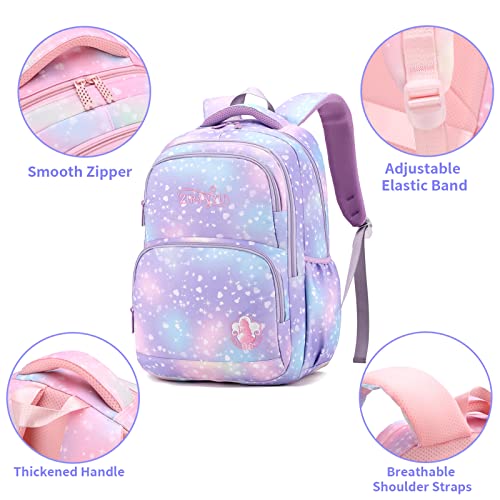 DNSHAN New 3PCS Girls Backpacks Elementary,Primary School Kids Girls Backpack with Lunch Box Pencil Box, 3 in 1 Lightweight Shoulder Bag,Purple