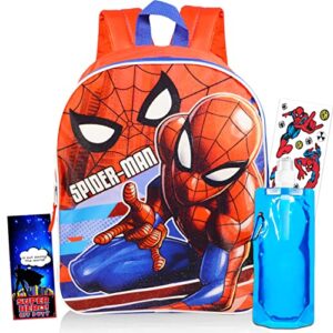 spiderman school bag backpack for kids — 4 pc bundle with 16″ marvel spiderman travel backpack for boys girls, water bottle, stickers, and more (spiderman school supplies)
