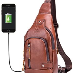 BULLCAPTAIN Men Crossbody Bag with USB Charging Port Genuine Leather Shoulder Sling Chest Bag Travel Hiking Backpack (Brown)