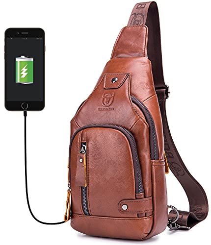 BULLCAPTAIN Men Crossbody Bag with USB Charging Port Genuine Leather Shoulder Sling Chest Bag Travel Hiking Backpack (Brown)